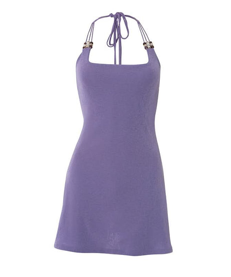 Dreamy Lilac Beaded Halter Mini Dress | Square Neck for Tropical Escapes & Chic Nights Out