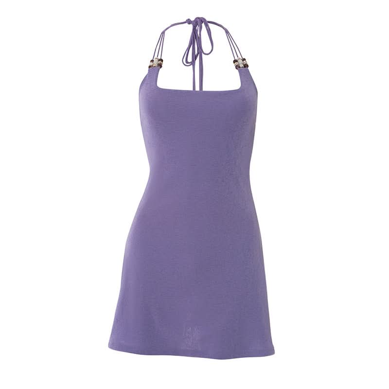 Dreamy Lilac Beaded Halter Mini Dress | Square Neck for Tropical Escapes & Chic Nights Out