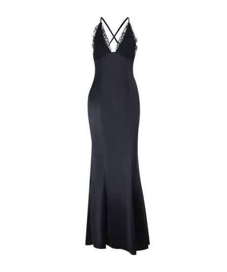 Black Lace Trim V-Neck Cross Back Maxi Dress | Elegant Holiday & Formal Gala Gown