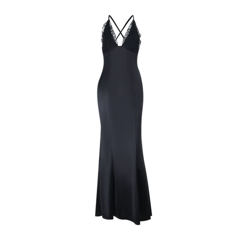 Black Lace Trim V-Neck Cross Back Maxi Dress | Elegant Holiday & Formal Gala Gown