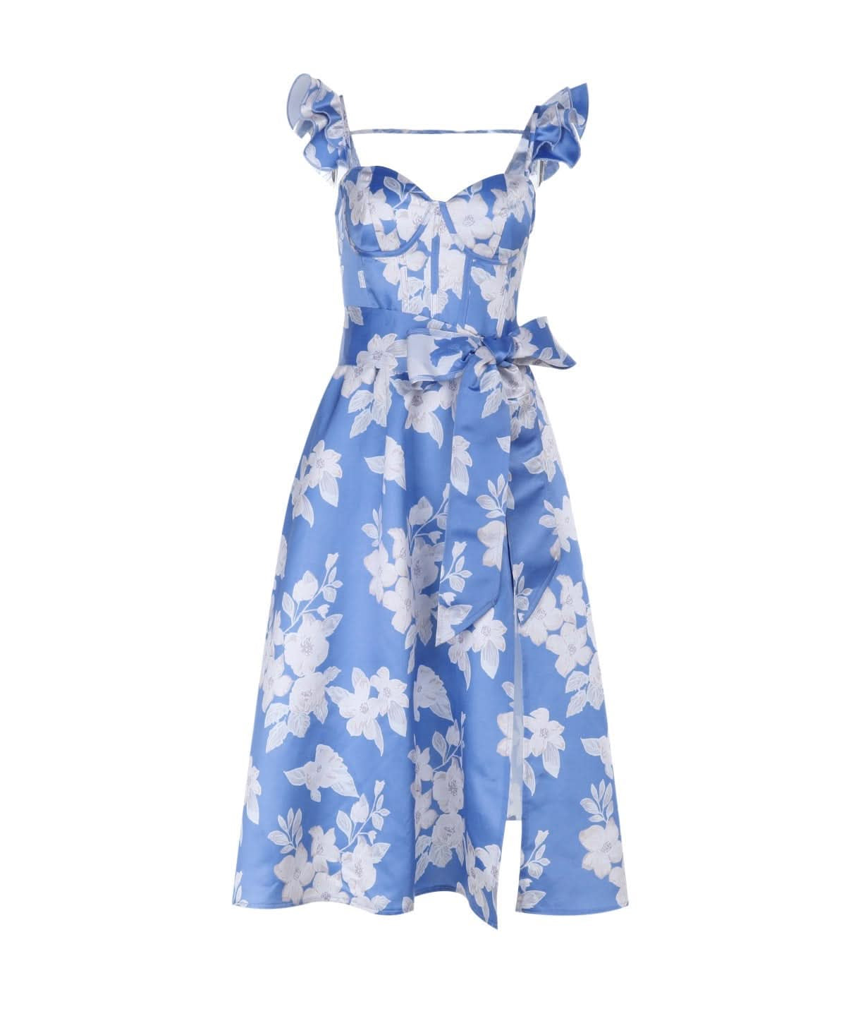 Azure Bloom Ruffle Midi Dress: Sweetheart Neck, Tie-Waist & Slit | Vacation & Event Ready
