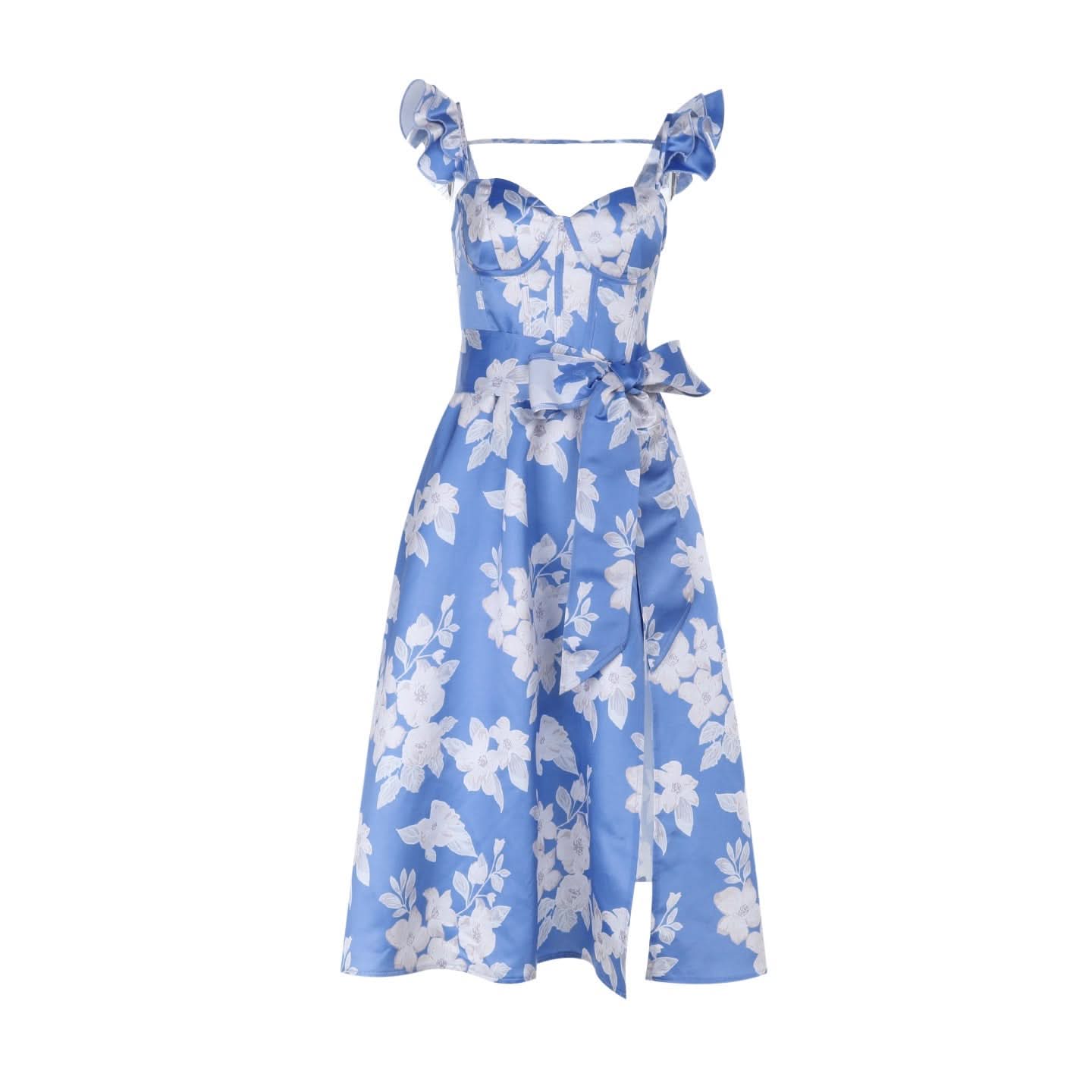 Azure Bloom Ruffle Midi Dress: Sweetheart Neck, Tie-Waist & Slit | Vacation & Event Ready