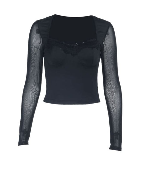 Black Mesh & Lace Square Neck Crop Top - Fall's Edgy Essential