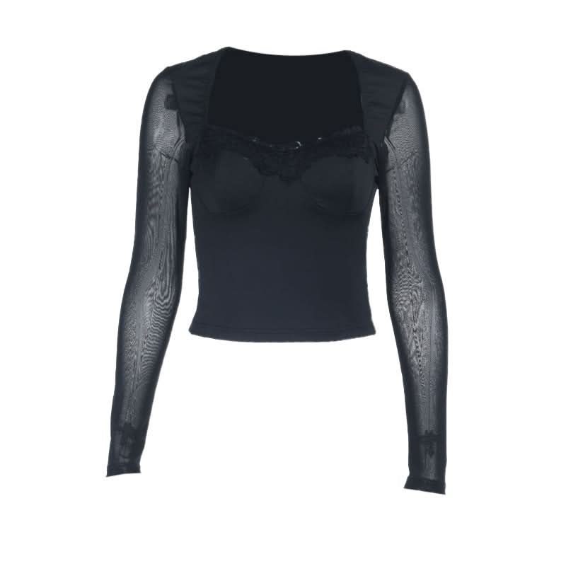 Black Mesh & Lace Square Neck Crop Top - Fall's Edgy Essential