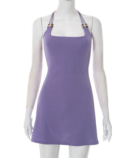 Dreamy Lilac Beaded Halter Mini Dress | Square Neck for Tropical Escapes & Chic Nights Out