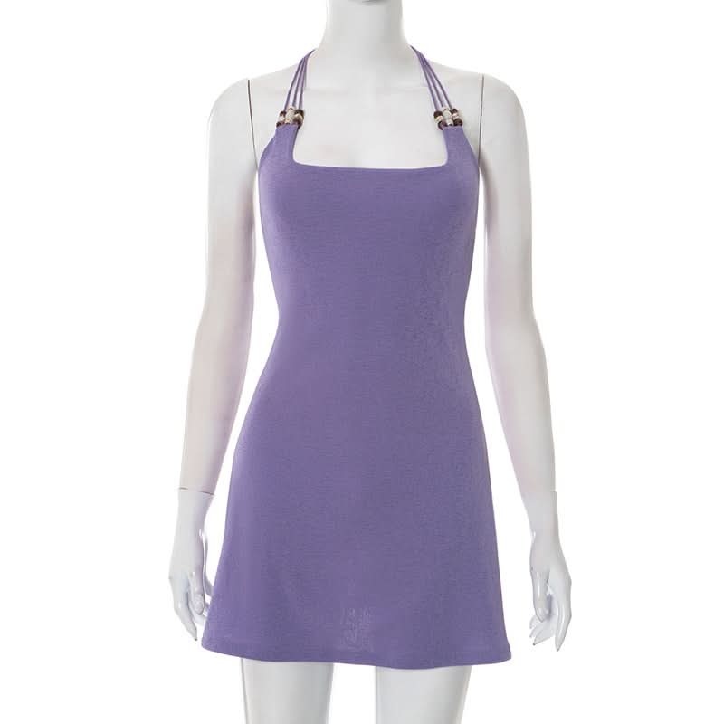 Dreamy Lilac Beaded Halter Mini Dress | Square Neck for Tropical Escapes & Chic Nights Out