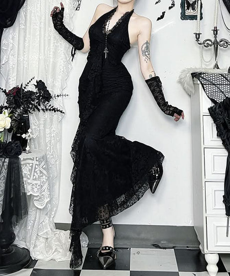 Gothic Glamour: Black Lace Halter Mermaid Maxi Dress - Spooky Season & Fall Event Ready