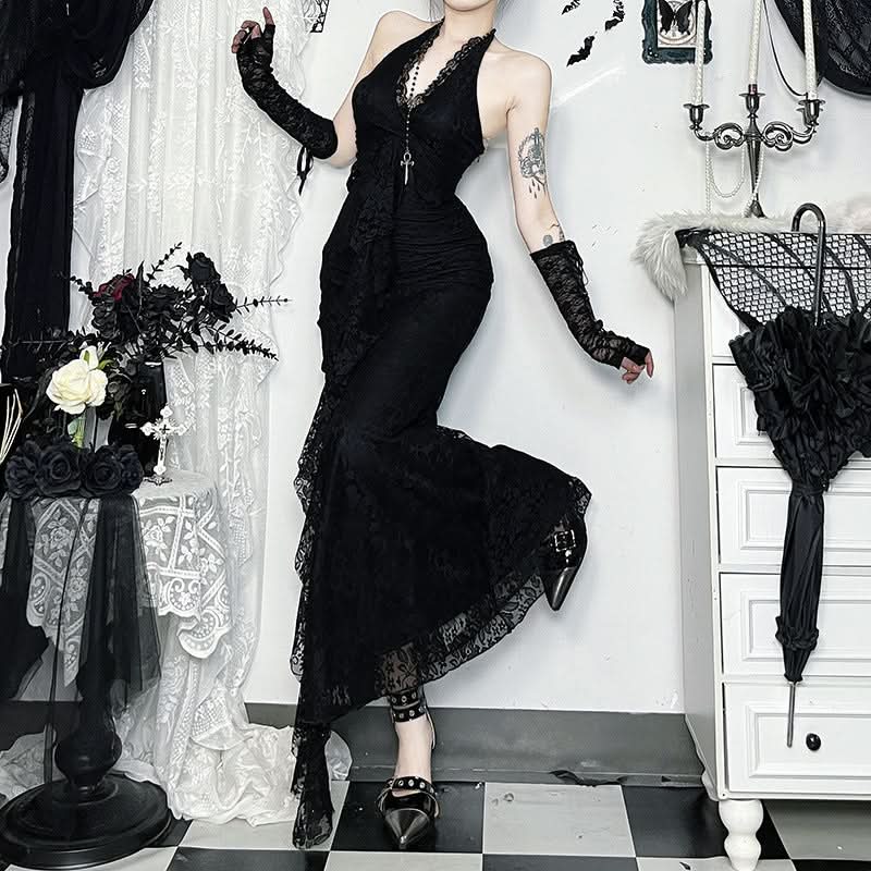 Gothic Glamour: Black Lace Halter Mermaid Maxi Dress - Spooky Season & Fall Event Ready