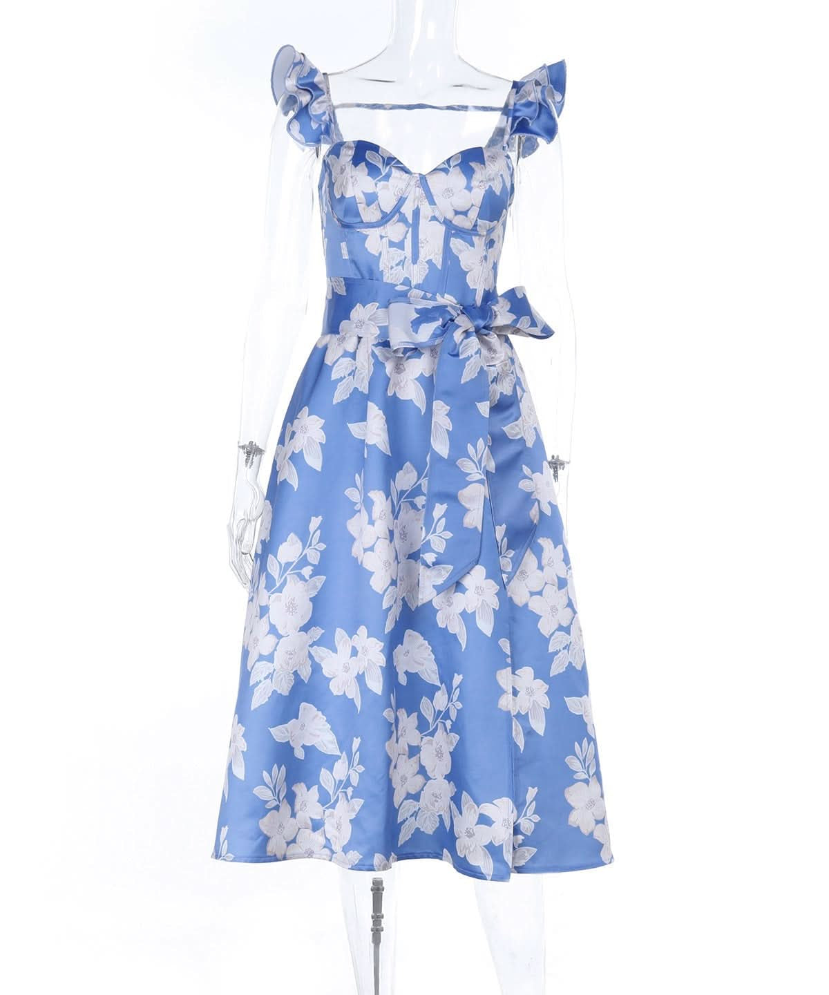 Azure Bloom Ruffle Midi Dress: Sweetheart Neck, Tie-Waist & Slit | Vacation & Event Ready