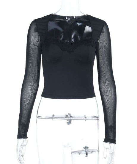 Black Mesh & Lace Square Neck Crop Top - Fall's Edgy Essential