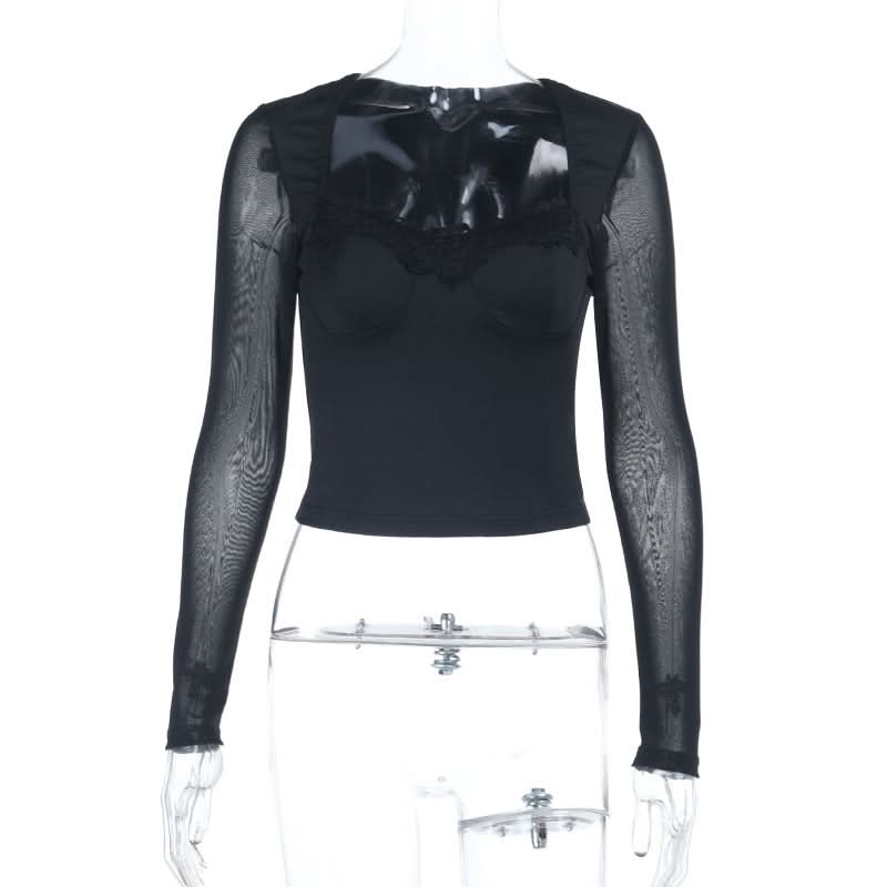 Black Mesh & Lace Square Neck Crop Top - Fall's Edgy Essential
