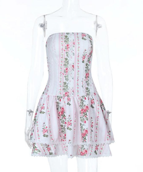 Romantic Rose Floral Strapless Mini Dress with Lace Trim | Autumn Getaway & Resort Wear