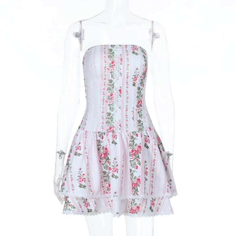 Romantic Rose Floral Strapless Mini Dress with Lace Trim | Autumn Getaway & Resort Wear