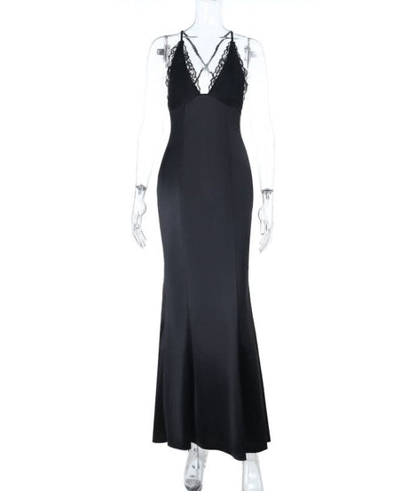 Black Lace Trim V-Neck Cross Back Maxi Dress | Elegant Holiday & Formal Gala Gown
