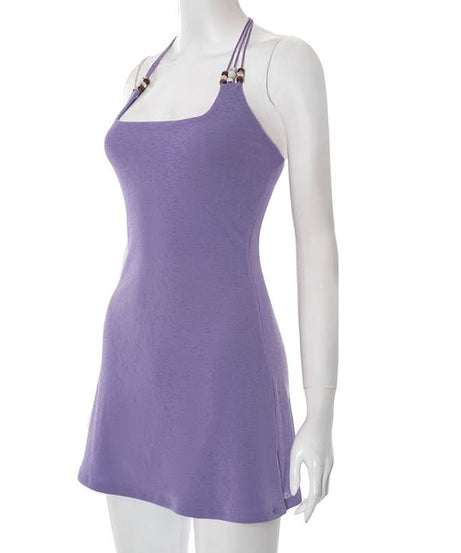 Dreamy Lilac Beaded Halter Mini Dress | Square Neck for Tropical Escapes & Chic Nights Out