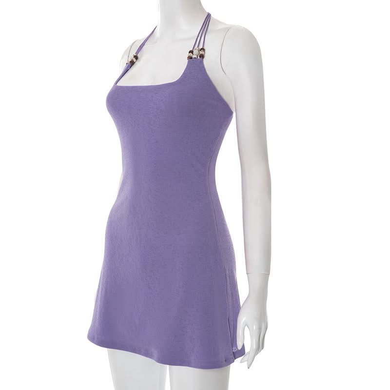 Dreamy Lilac Beaded Halter Mini Dress | Square Neck for Tropical Escapes & Chic Nights Out