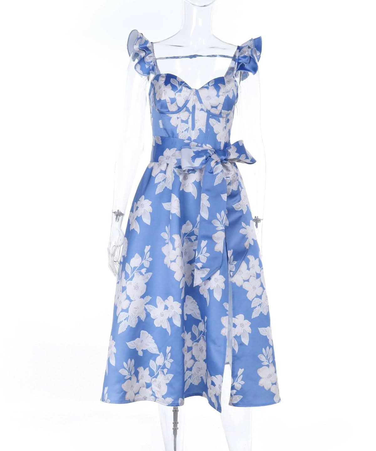 Azure Bloom Ruffle Midi Dress: Sweetheart Neck, Tie-Waist & Slit | Vacation & Event Ready