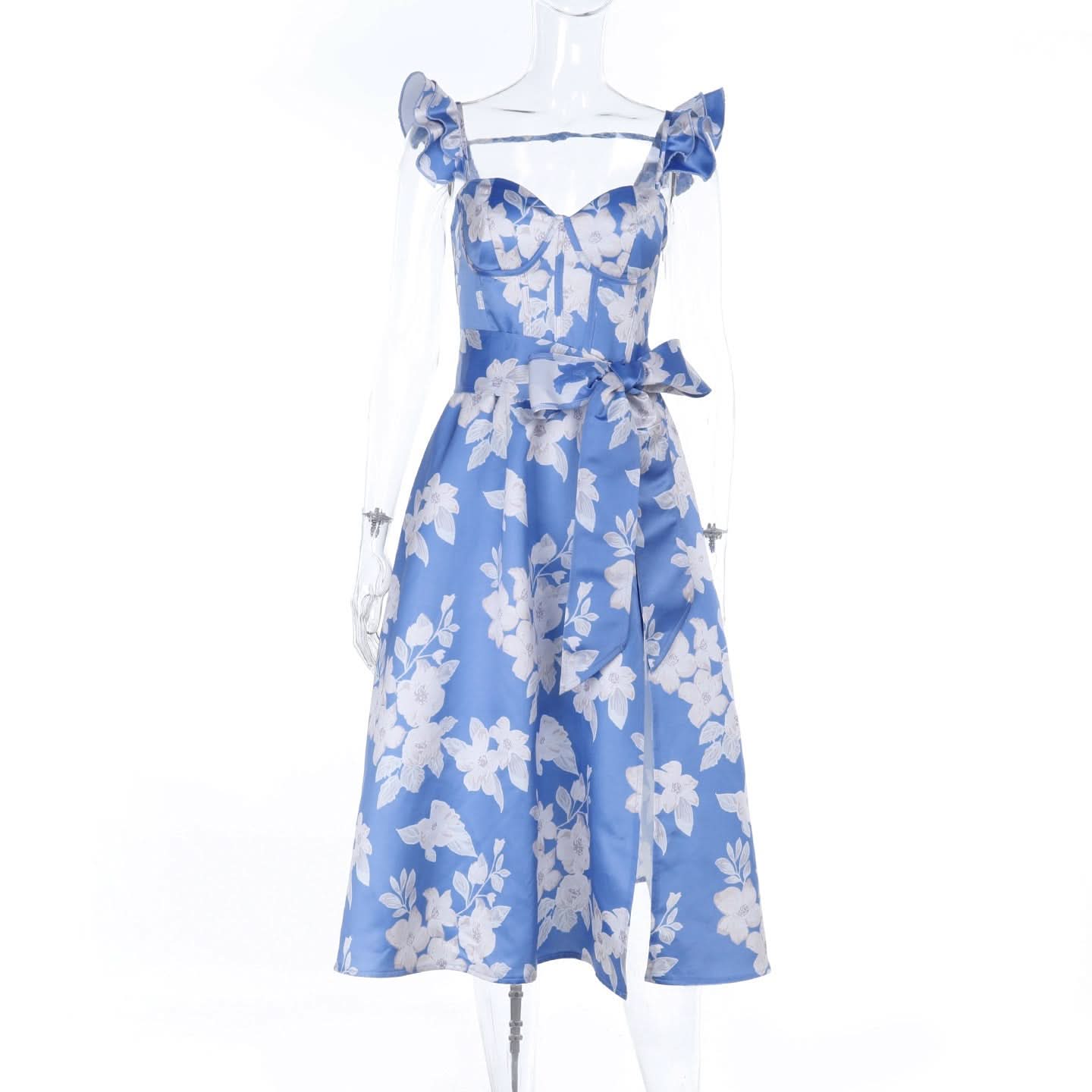 Azure Bloom Ruffle Midi Dress: Sweetheart Neck, Tie-Waist & Slit | Vacation & Event Ready