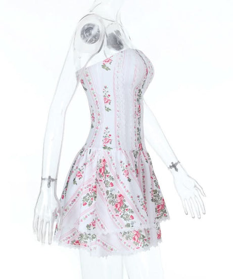 Romantic Rose Floral Strapless Mini Dress with Lace Trim | Autumn Getaway & Resort Wear