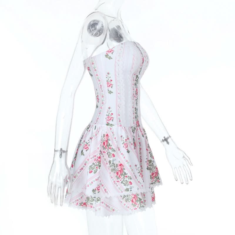 Romantic Rose Floral Strapless Mini Dress with Lace Trim | Autumn Getaway & Resort Wear