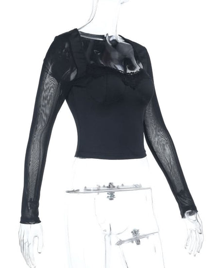 Black Mesh & Lace Square Neck Crop Top - Fall's Edgy Essential