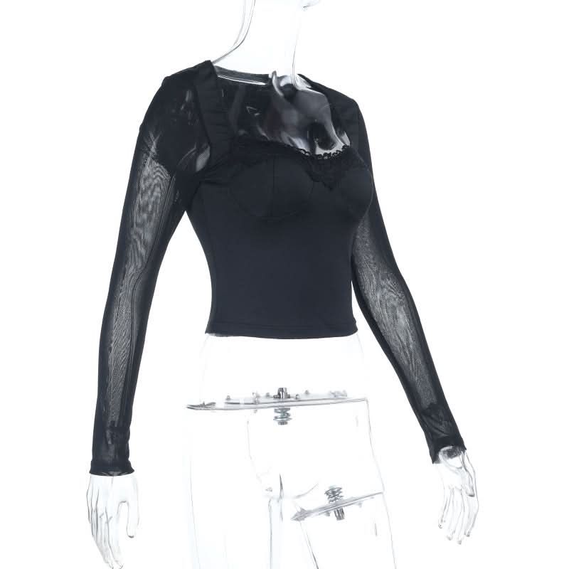 Black Mesh & Lace Square Neck Crop Top - Fall's Edgy Essential