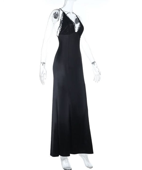 Black Lace Trim V-Neck Cross Back Maxi Dress | Elegant Holiday & Formal Gala Gown