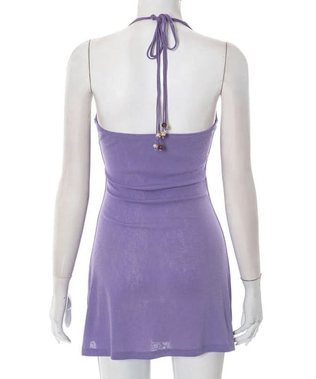 Dreamy Lilac Beaded Halter Mini Dress | Square Neck for Tropical Escapes & Chic Nights Out