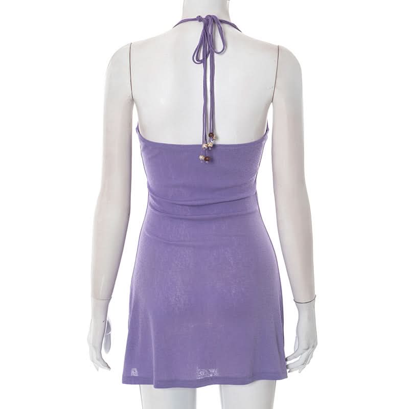 Dreamy Lilac Beaded Halter Mini Dress | Square Neck for Tropical Escapes & Chic Nights Out