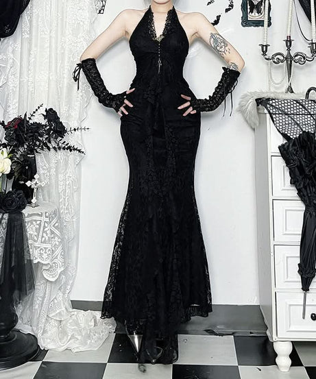 Gothic Glamour: Black Lace Halter Mermaid Maxi Dress - Spooky Season & Fall Event Ready