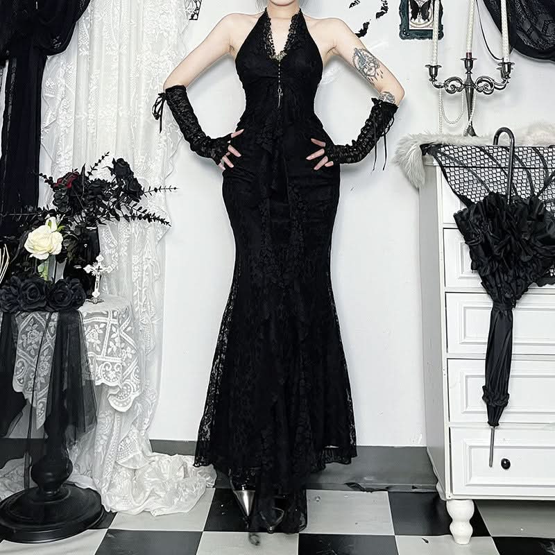 Gothic Glamour: Black Lace Halter Mermaid Maxi Dress - Spooky Season & Fall Event Ready