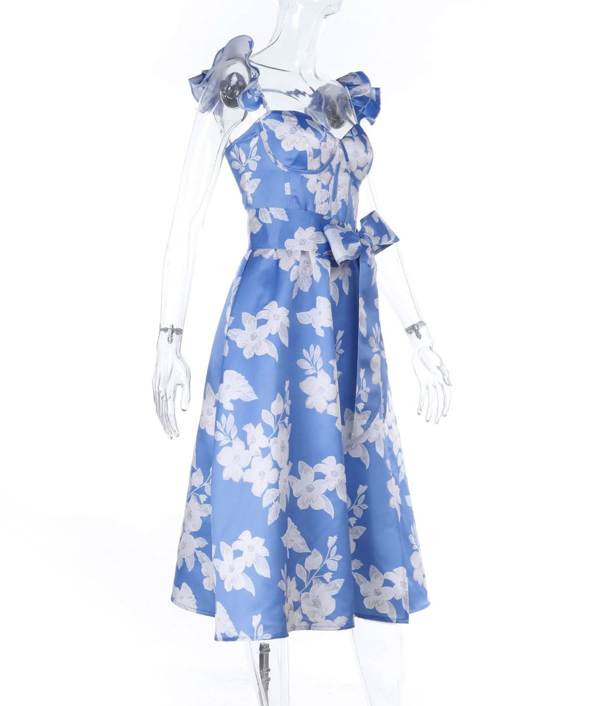 Azure Bloom Ruffle Midi Dress: Sweetheart Neck, Tie-Waist & Slit | Vacation & Event Ready