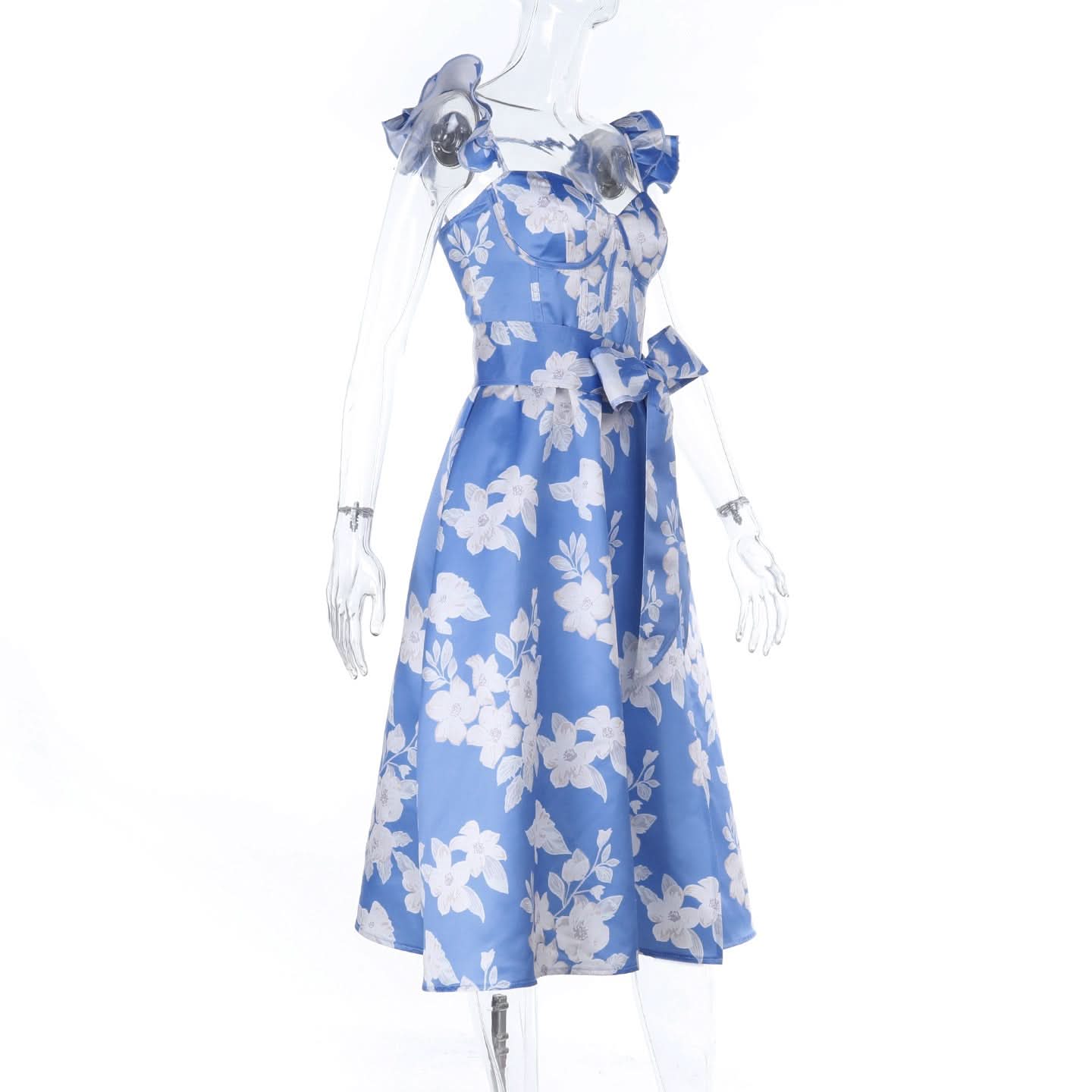 Azure Bloom Ruffle Midi Dress: Sweetheart Neck, Tie-Waist & Slit | Vacation & Event Ready