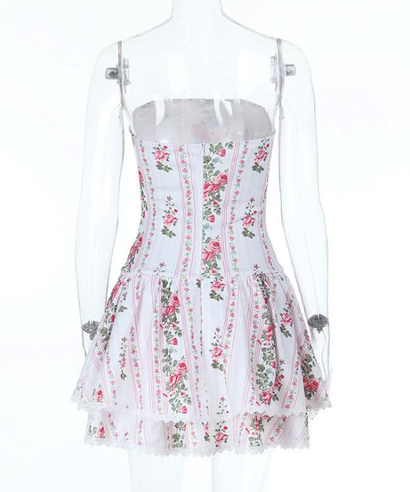 Romantic Rose Floral Strapless Mini Dress with Lace Trim | Autumn Getaway & Resort Wear