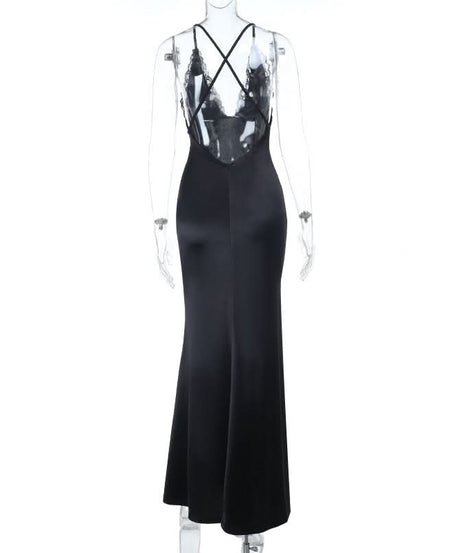 Black Lace Trim V-Neck Cross Back Maxi Dress | Elegant Holiday & Formal Gala Gown