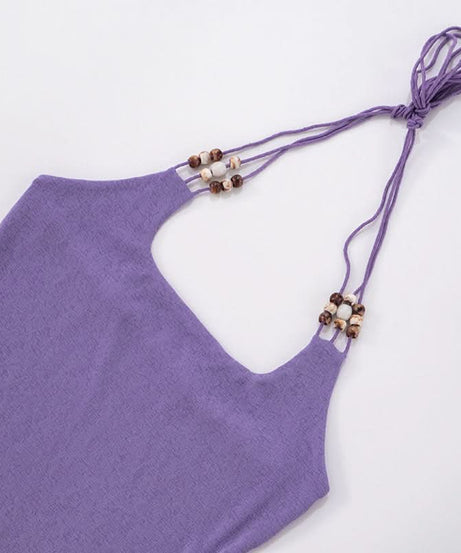 Dreamy Lilac Beaded Halter Mini Dress | Square Neck for Tropical Escapes & Chic Nights Out