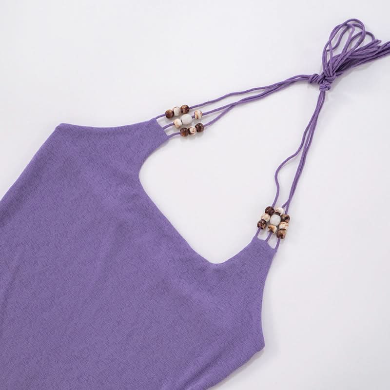 Dreamy Lilac Beaded Halter Mini Dress | Square Neck for Tropical Escapes & Chic Nights Out