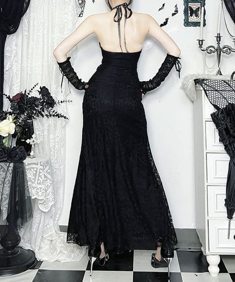 Gothic Glamour: Black Lace Halter Mermaid Maxi Dress - Spooky Season & Fall Event Ready