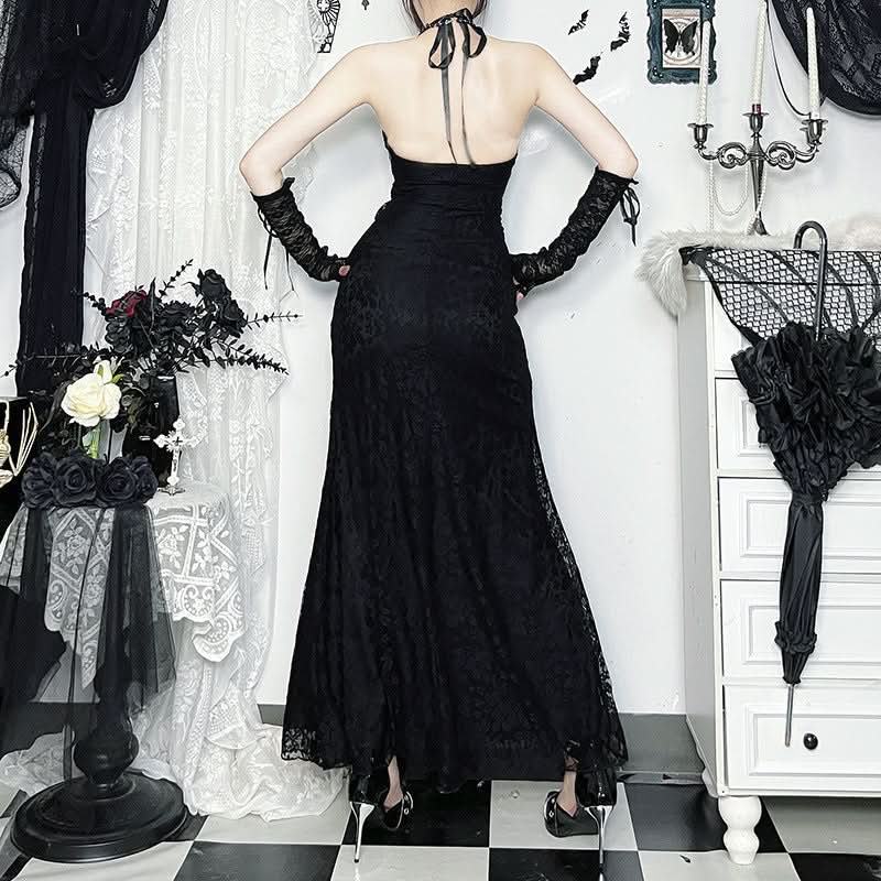 Gothic Glamour: Black Lace Halter Mermaid Maxi Dress - Spooky Season & Fall Event Ready