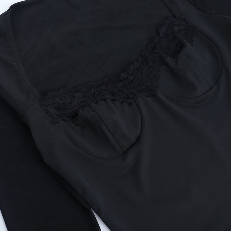 Black Mesh & Lace Square Neck Crop Top - Fall's Edgy Essential