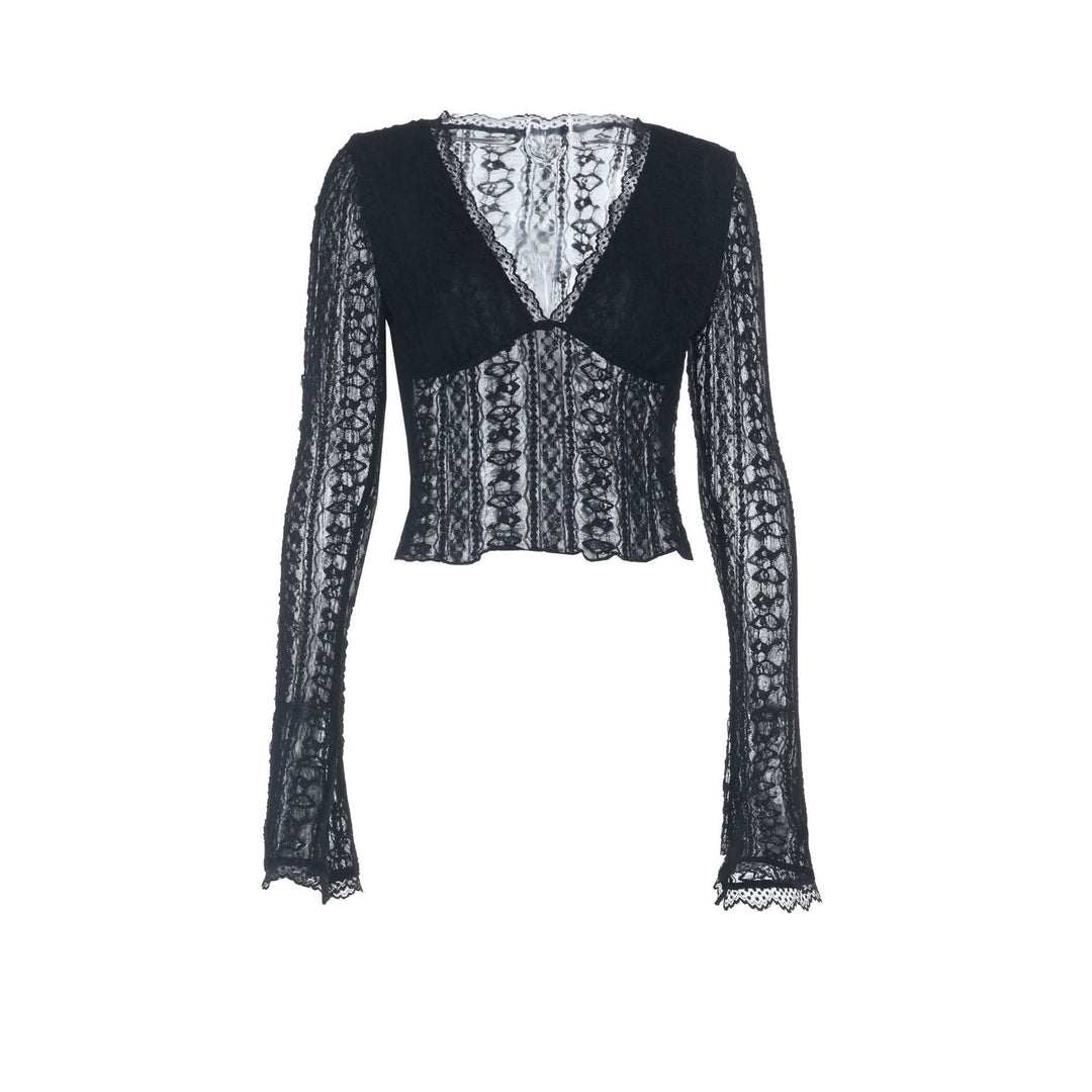 Autumn Allure: Chic Black Lace V-Neck Long Sleeve Crop Top | Perfect for Fall Nights & Holiday Parties