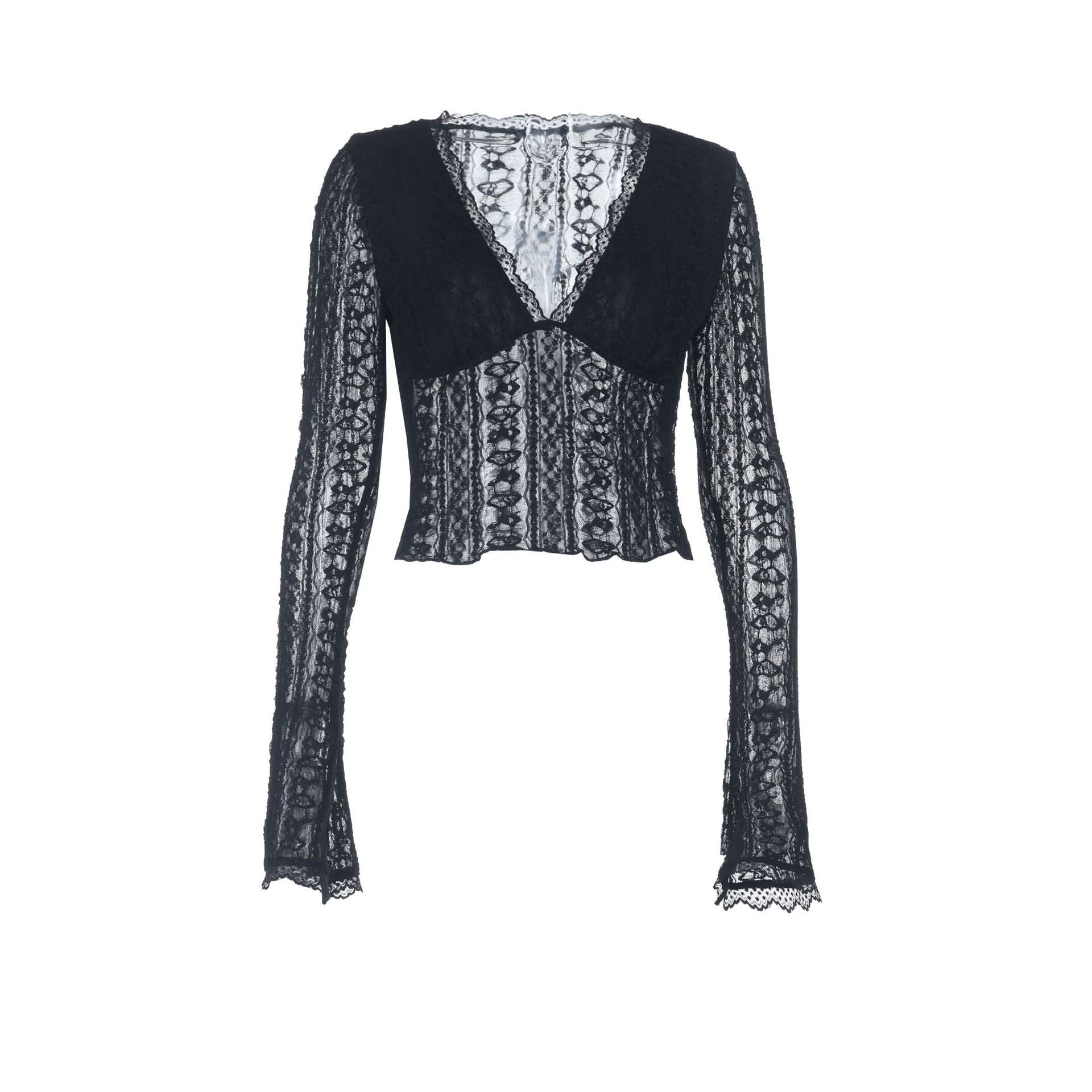 Autumn Allure: Chic Black Lace V-Neck Long Sleeve Crop Top | Perfect for Fall Nights & Holiday Parties