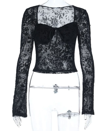 Enchanting Black Floral Lace Long Sleeve Top - Sweetheart Neck Sheer Blouse for Fall & Halloween Chic