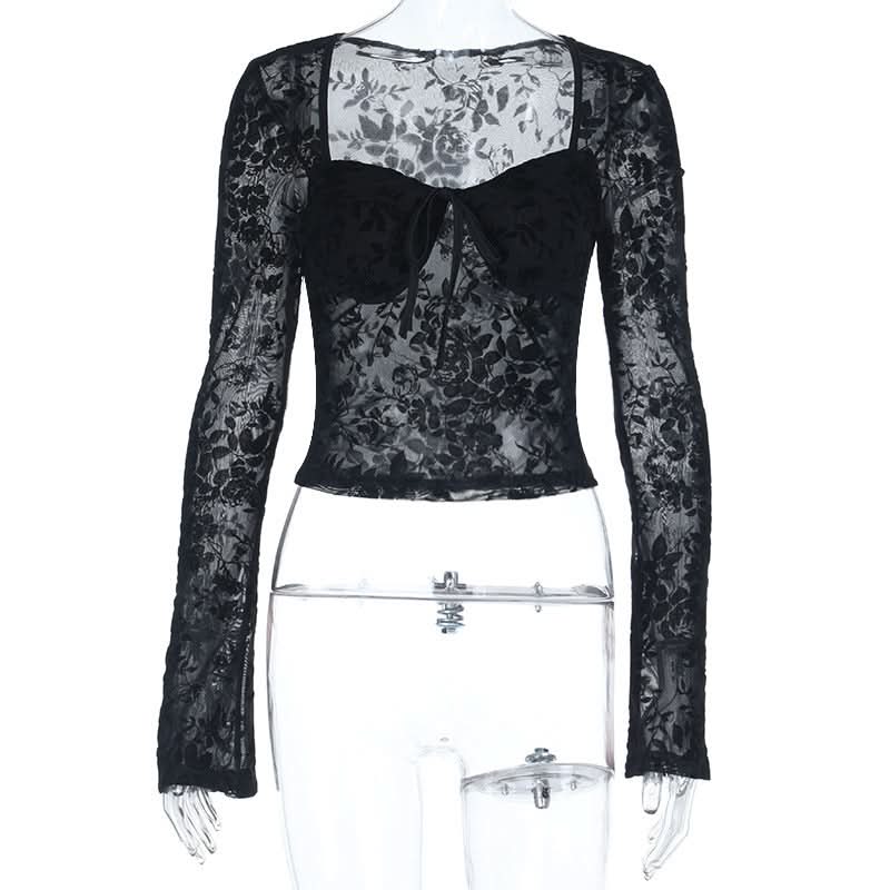 Enchanting Black Floral Lace Long Sleeve Top - Sweetheart Neck Sheer Blouse for Fall & Halloween Chic