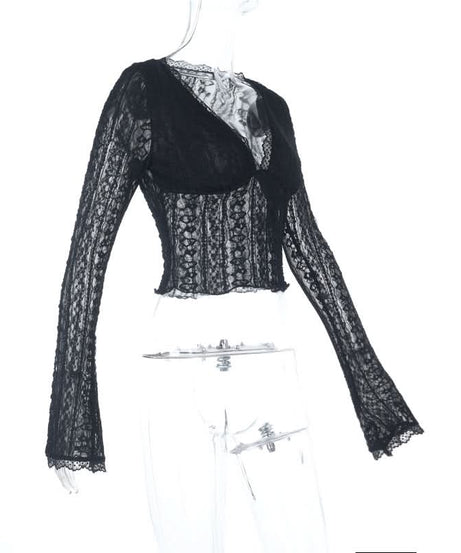 Autumn Allure: Chic Black Lace V-Neck Long Sleeve Crop Top | Perfect for Fall Nights & Holiday Parties