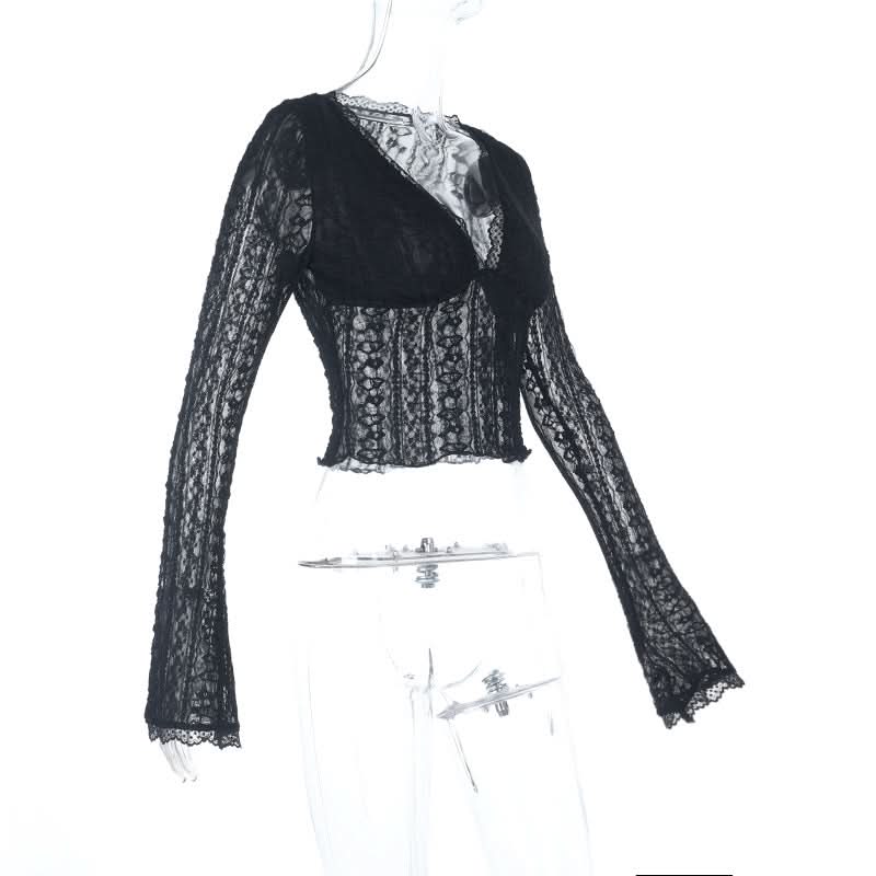 Autumn Allure: Chic Black Lace V-Neck Long Sleeve Crop Top | Perfect for Fall Nights & Holiday Parties