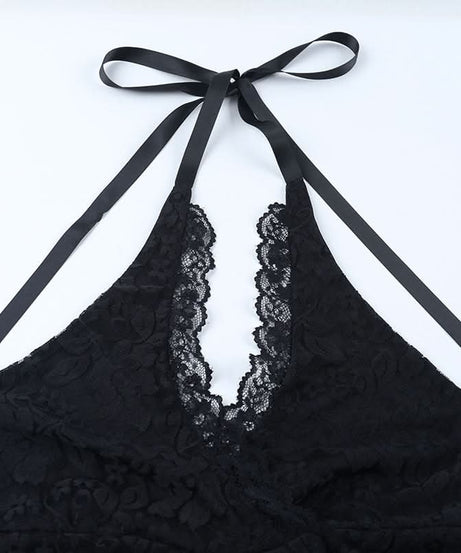 Gothic Glamour: Black Lace Halter Mermaid Maxi Dress - Spooky Season & Fall Event Ready