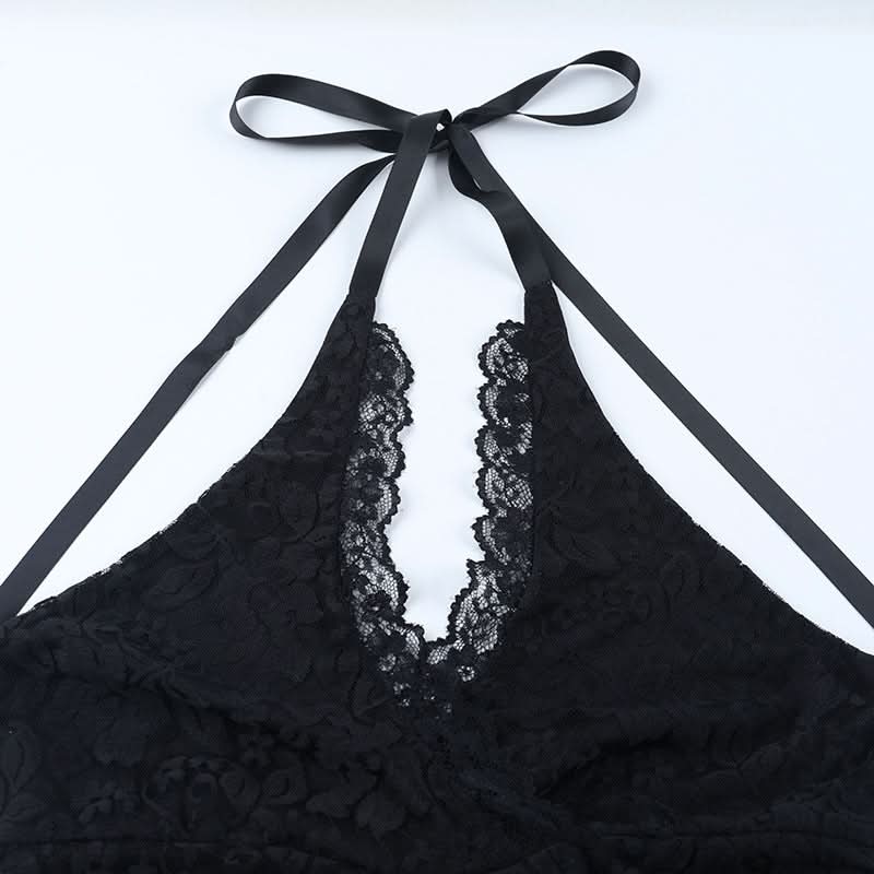 Gothic Glamour: Black Lace Halter Mermaid Maxi Dress - Spooky Season & Fall Event Ready