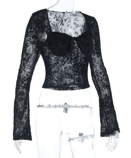 Enchanting Black Floral Lace Long Sleeve Top - Sweetheart Neck Sheer Blouse for Fall & Halloween Chic