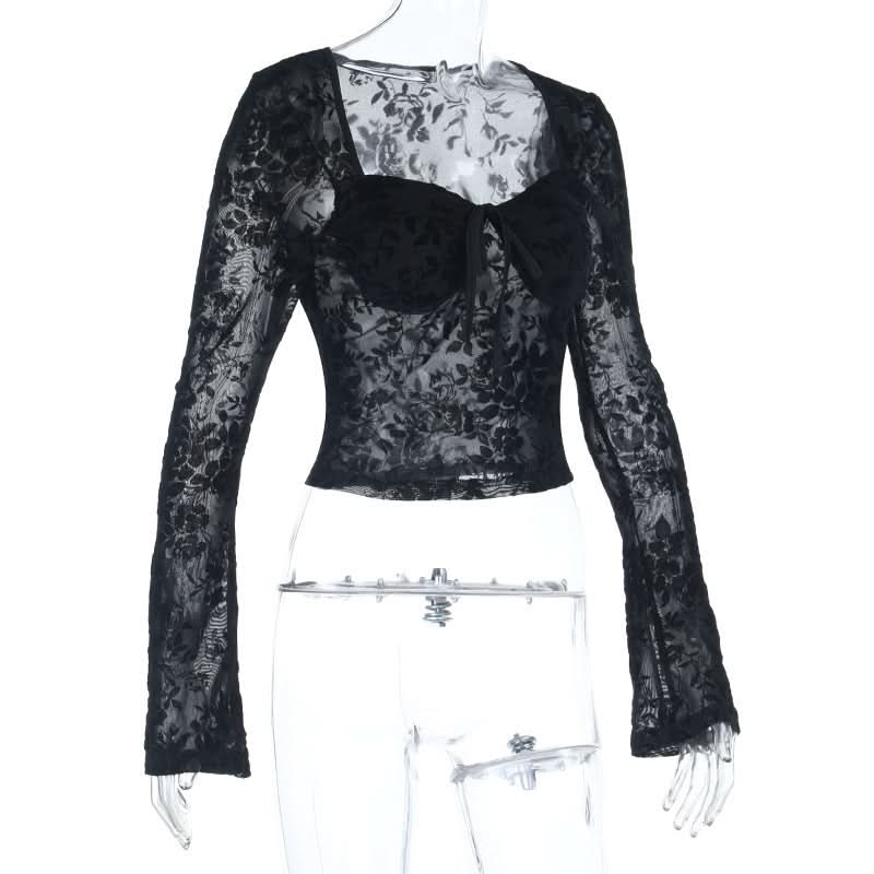 Enchanting Black Floral Lace Long Sleeve Top - Sweetheart Neck Sheer Blouse for Fall & Halloween Chic